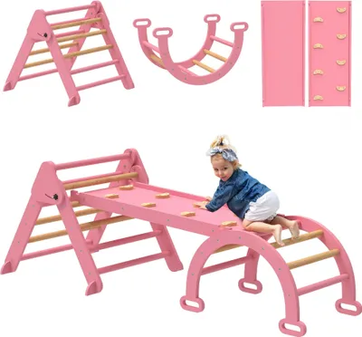 Obrázek produktu pro Montessori/Pikler lezecký trojúhelník – 7v1 sada s obloukem a rampou – skládací – topolové a borovicové dřevo – 188 × 70 × 59 cm – 18–48 měsíců – růžová