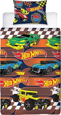 A bedding set with a Hot Wheels theme, featuring race cars and checkered patterns.