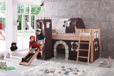 Produktbild von Relita - Halbhohes Spielbett Kim mit Rutsche, Turm, Tasche und Tunnel, Buche massiv natur lackiert geplankte Optik, mit Stoffset Burg