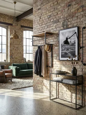 Produktbild von Design Wandgarderobe Mango Massivholz Metall 60x76x26 cm, Hakenleiste mit Ablage und Kleiderstange, Flurgarderobe Garderobe Wand Holz