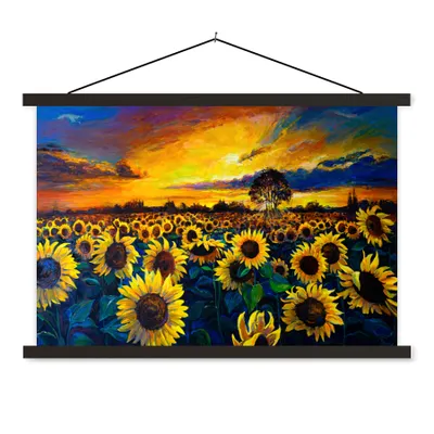 Produktbild von MuchoWow® Textilposter Malerei - Blumen - Ölfarbe - Sonnenblume 60x40 cm mit schwarzem Rahmen - Hölzernes