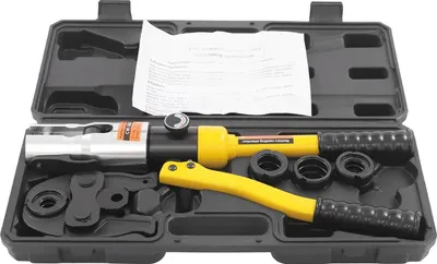 Immagine prodotto di Pinza idraulica a pressione - Pinza a crimpare - Forza di pressione 10 t - Corsa 20 mm - Testa girevole a 360° - 4 ganasce a U per tubi compositi in alluminio - Giallo