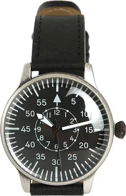A close-up studio shot of a black analog watch with a leather strap.