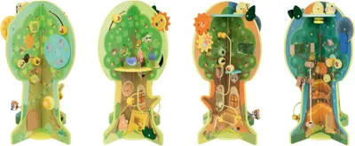 Four different views of a wooden motor skills tree toy for children.