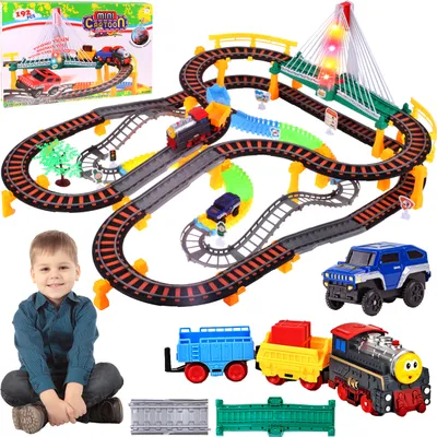 Produktbild von Malplay Rennstrecken-Set 700cm Bahnstrecke 2in1 Rennwagen-Bahn Zug mit Waggons und Auto Spielzeug für Kinder ab 3 Jahren Geschenk