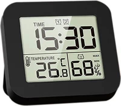 Produktbild von LCD-Digitalanzeige, Hygrothermograph, Luftfeuchtigkeitsmesser, Temperaturmesser, multifunktionale Uhr, Timer, recycelbare Zeitmessung, zwei Saetze von Weckern