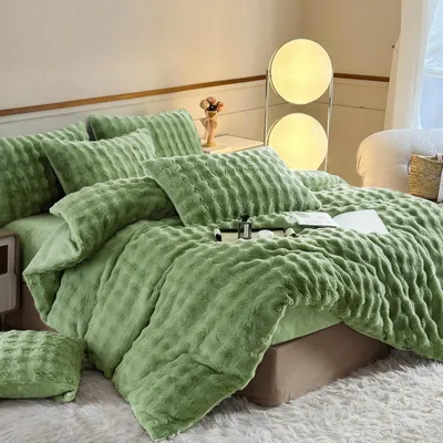 Zdjęcie produktu dla Miękki komplet pościeli z pluszu, 200x220 cm, kolor zielony, 3-częściowy, z zamkiem błyskawicznym i 2 poszewkami na poduszki 80x80 cm