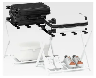 Produktbild von Klappbarer Kofferständer, 2er Set Gepäckablage mit 2-stöckigem Design, Gepäckständer aus Metall für Schlafzimmer, Gästezimmer, Hotel (Weiß)