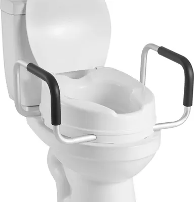 Image de Siège de toilettes surélevé avec accoudoirs, capacité de charge de 136,1 kg, hauteur de levage de 101,6 mm, siège de toilettes surélevé élargi avec poignées rembourrées pour les personnes âgées, les personnes handicapées et les adultes.