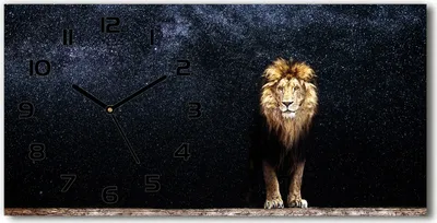 Produktbild von Wanduhr aus Glas – 60x30 cm - Glasbild - Glasuhr - Gehärtetes Glas - schwarze-zeiger - Ein Löwe auf dem Hintergrund der Sterne
