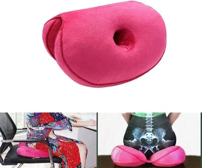 A collage of images showing a pink cushion, a woman sitting on a chair with the cushion, and a graphic of a skeleton on a person's hips with the cushion.