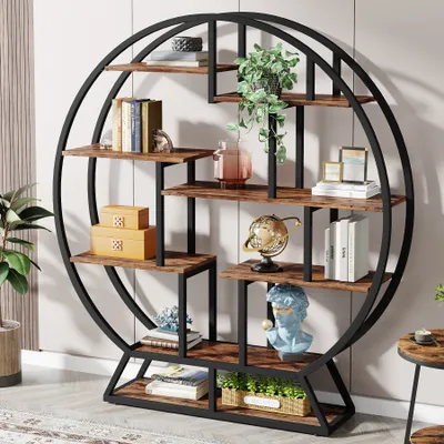 Produktbild von Tribesigns Bücherregal, rundes Bücherregal, Etagere-Bücherregal, 160 cm Industrieholz-Bücherregal mit versetzten Regalen, rustikales offenes Regal
