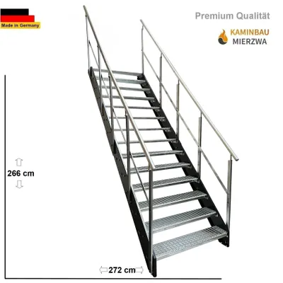 A metal staircase with metal grating steps and railings, shown against a white background.