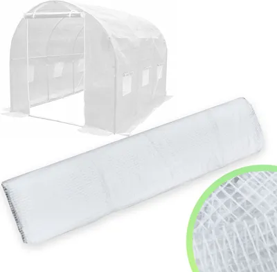 A greenhouse cover is shown rolled up in the foreground, with a white greenhouse structure in the background.