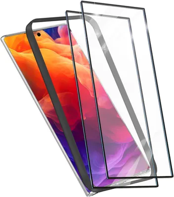 A smartphone screen protector and applicator are shown against a white background.