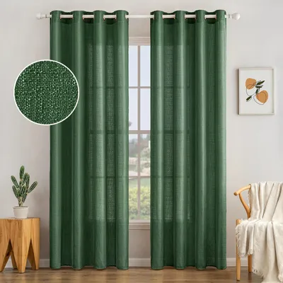 2er-Set Voile-Gardinen mit Ösen, dunkelgrün, 225x140 cm