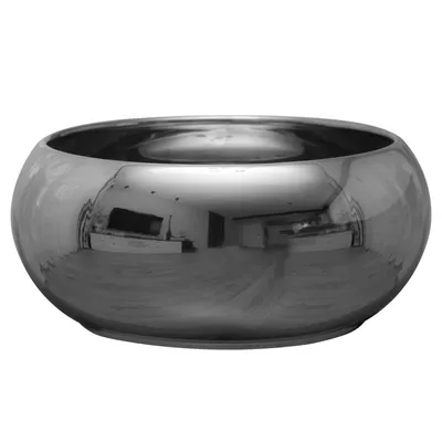 A shiny silver bowl on a white background.