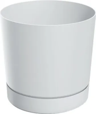 A white cylindrical plant pot with a matching saucer.