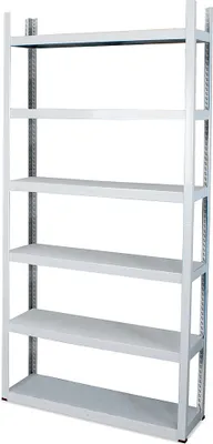 A white metal shelving unit with six shelves against a white background.