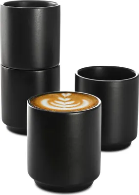 Obrázok produktu pre Súprava 4 čiernych keramických šálok na cappuccino - Stohovateľný dizajn - Určené na latte art - 200 ml