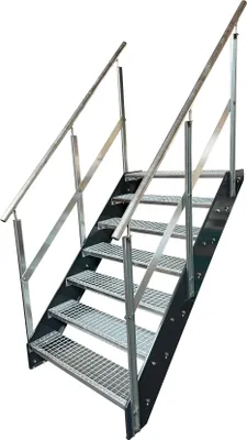 Produktbild von Gitterrost Stahl Wangentreppe 7 Stufen beidsetiges Geländer - Verzinkt & Anthrazit Pulverlackierte Wangen - (B x H x T) 140 x 133 x 139 cm