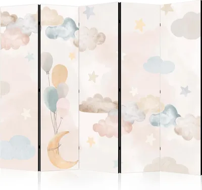 Produktbild von 5-teiliger Doppelseitiger Vlies Paravent - Fairy-Tale Moon - Moon with Balloons Among Clouds and Stars in Subdued Colors on a Light Beige Background 225x172 cm Für Kinder e-C-10059-z-b