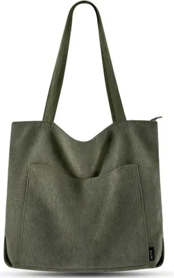 Produktbild von Damen Handtasche Tote Bag Shopper Groß Cord Umhängetasche Stofftasche dunkelgrün