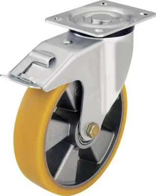 Produktbild von Stahlblech-Lenkrolle mit Anschraubplatte und Feststeller Polyurethan Ø 125 mm