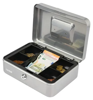 Geldkassette mit Münzeinsatz von HMF mit 25 cm Breite in Silber