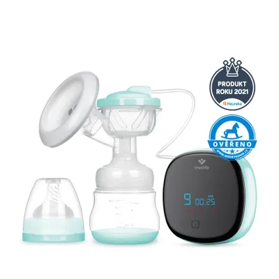 A breast pump and its accessories are displayed against a white background, with several certification badges.