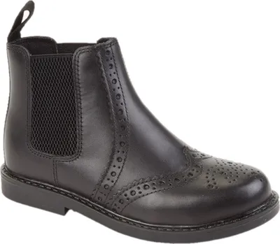 A black leather boot with decorative perforations.