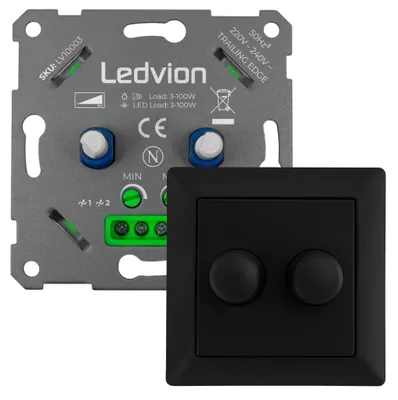 Produktbild von Ledvion LED Doppeldimmer Schalter 100W 240V schwarz Abdeckrahmen dimmbar