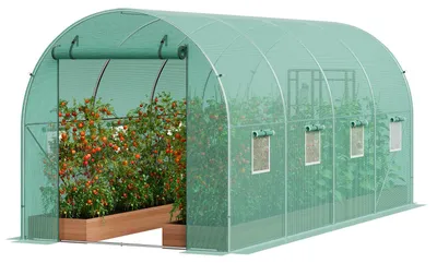 Produktbild von VEVOR Gewächshaus im Tunnelstil, 3,6 x 2 x 2 m / 12 x 7 x 7 ft Tragbares Pflanzenhaus mit verzinkten Stahlbögen, 1 Oberträger, 2 Diagonalstangen, 2 Reißverschlusstüren & 6 Rollfenstern, Grün, Grün-15x7x7 ft