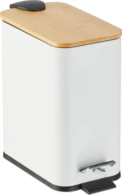 Image de Relaxdays - Poubelle de salle de bain, 5 litres, seau intérieur amovible, poubelle pour produits cosmétiques, métal, poubelle de salle de bain avec couvercle en bambou, blanche