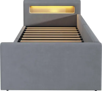 Produktbild von Flieks Hydraulisches Polsterbett 90x200cm mit USB- und Typ-C, Jugendbett mit Led, Schlafsofa Sofabett mit austauschbaren Rückenlehne, Samt, Hellgrau