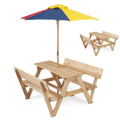 Produktbild von KOMFOTTEU Kindersitzgruppe mit Sonnenschirm, Kinder Picknicktisch mit 2 integrierten Bänken, Kindersitzgarnitur aus Tannenholz für 4 Kinder, Kindermöbel Set für Jungen & Mädchen von 3–8 Jahre