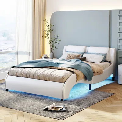 Produktbild von Weiß 140x200cm Polsterbett (Ohne Matratze) Kunstlederbett mit LED-Lichtbettgestell mit Lattenrosten
