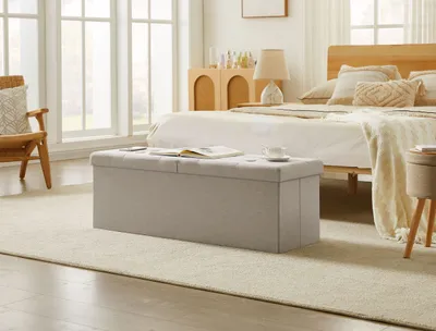Produktbild von Theo&Cleo Faltbare Sitzbank Sitztruhe 120 L Halbdeckel Seitlich klappbar Max. Statische Belastbarkeit 300 kg,114 x 38 x 38cm(Beige-T)