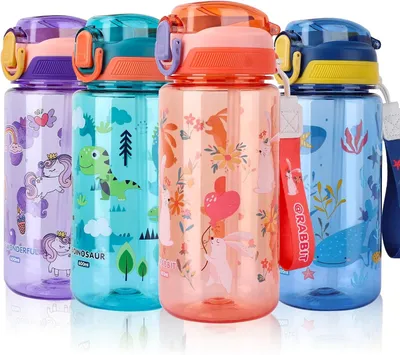Immagine prodotto di Borraccia per bambini con cannuccia, capacità 600 ml, priva di BPA, a prova di perdite, ideale per la scuola e lo sport