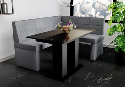Produktbild von Eckbankgruppe 196x142 cm BLAKE XL L Stoff Soro Grau / Esstisch DANTE Schwarz