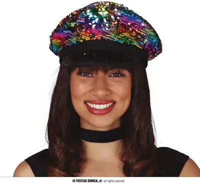 Produktbild von Polizei Karneval Hut Regenbogen Pailletten Mütze Fasching Kostüm Glitzer Accessoire Party Mode Event Glanz Effekte Kopfbedeckung Stilvoll, Farbe: Mehrfarbig
