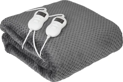 A folded gray electric blanket with two white controllers attached.