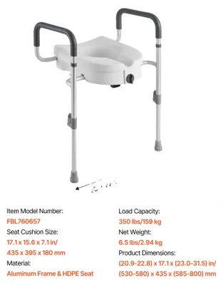 Image de Siège de toilette surélevé, accoudoirs réglables, capacité de charge de 350 lbs, 17.1 x 15.6 x 7.1 in