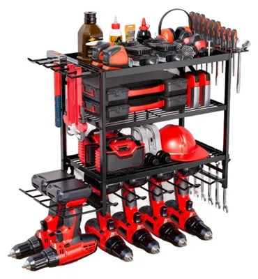 Image de Organisateur mural pour outils - Support pour perceuses et tournevis - Étagère métallique à 3 niveaux - Acier inoxydable - Rangement d'outils robuste - Garage/atelier