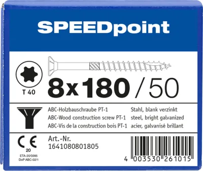Produktbild von ABC SPEEDpoint Holzbauschraube Senkkopf T40 Teilgewinde Schabenut A2J 8x180mm (50)