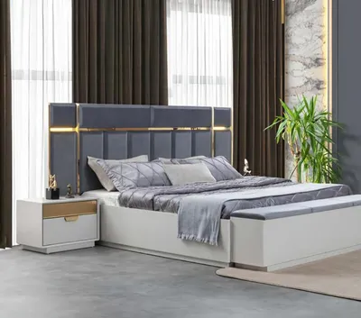 Immagine prodotto di Letto matrimoniale Comodini blu bianco acciaio inox lusso camera da letto mobili 3pcs