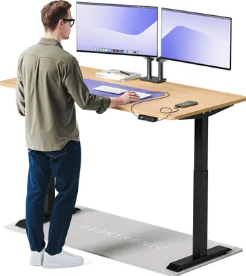 Image de Desktronic HomeOne Bureau électrique réglable en hauteur 160x80cm noir/chêne avec fonction mémoire, technologie anti-collision, ports de recharge USB-A et USB-C