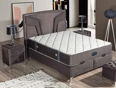 Produktbild von Elegantes schwarzes Bett mit Matratze aus Textil und Edelstahl