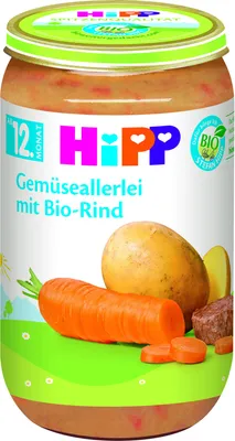 Produktbild von Hipp Babynahrung Gemüseallerlei mit Rind 250 g, stückig, salzarm, glutenfrei, mit Alpha-Linolensäure, ohne Aromen, Farb- und Konservierungsstoffe, ab 12. Monat.
