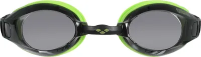 A pair of black and neon green swimming goggles with gray lenses, shown from the front against a white background.